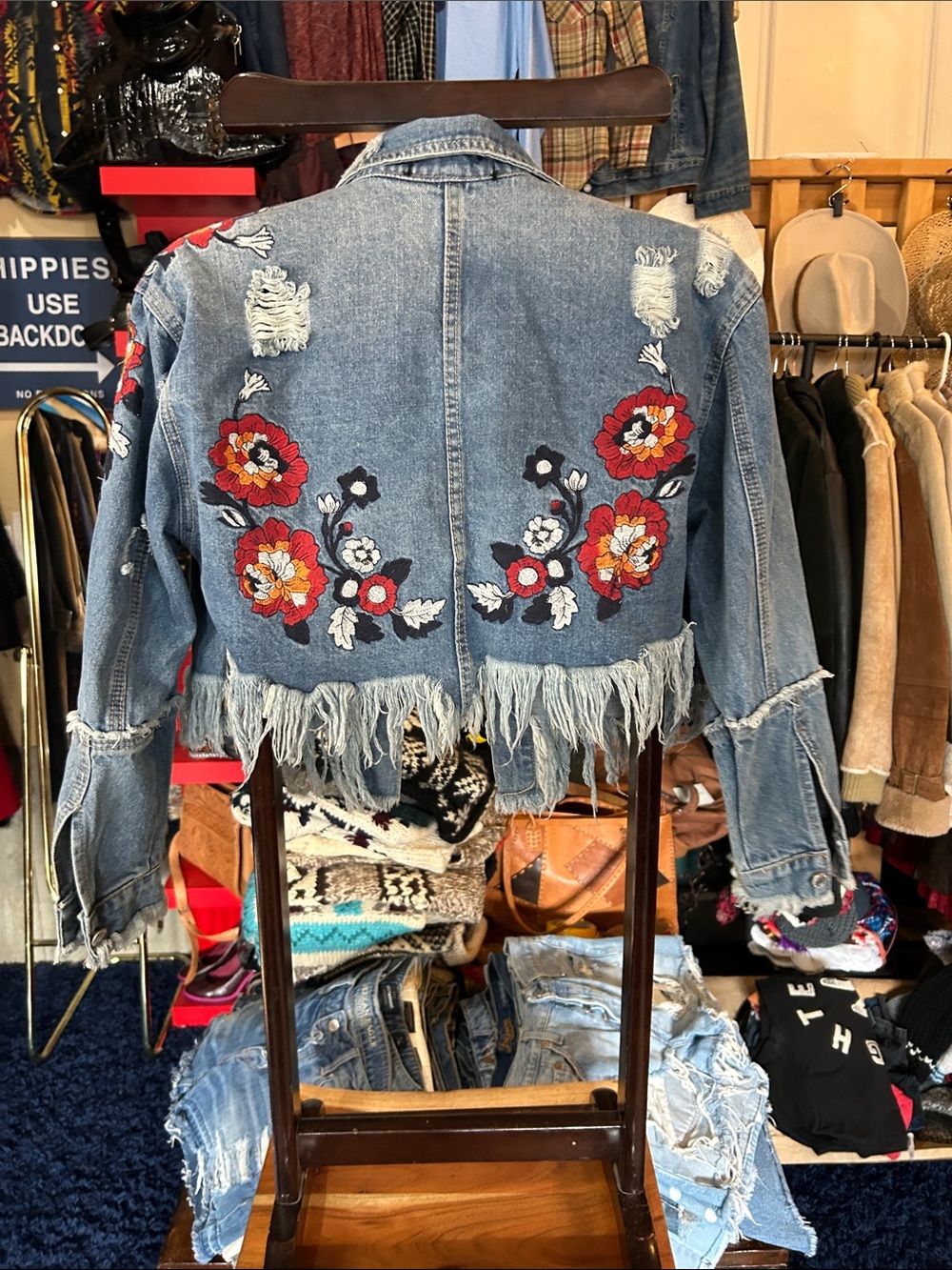 Women's Distressed Cropped Denim Jacket - Blue